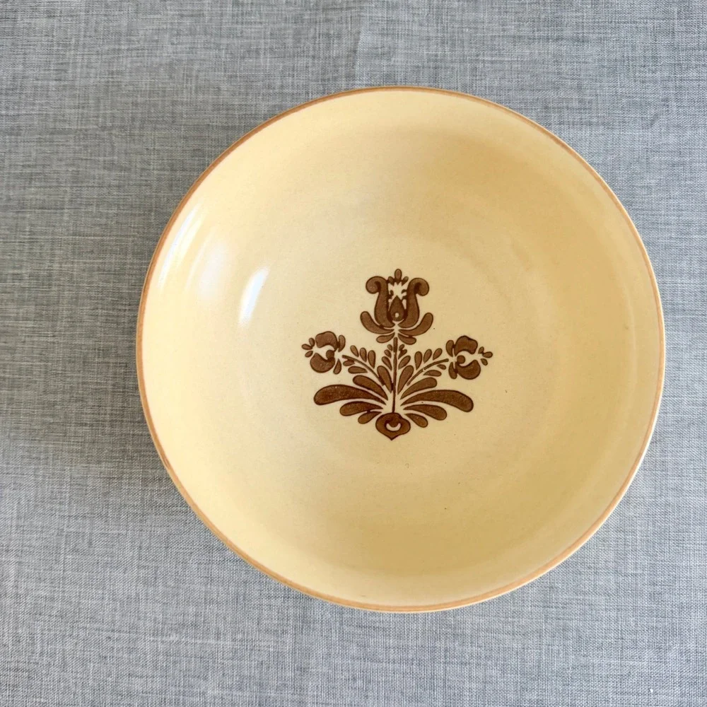 Pfaltzgraff Village Bowl Vintage USA Stoneware Tan Brown Floral Folk Art